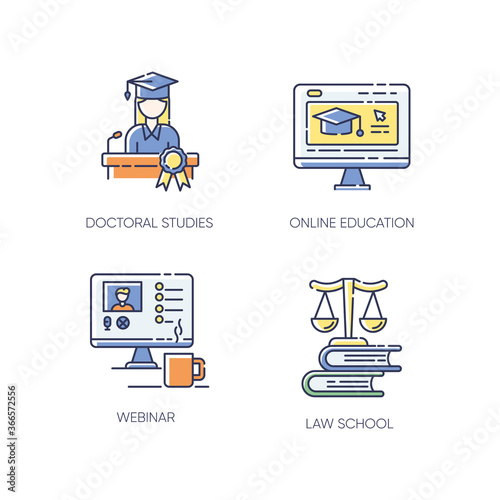Modern higher education RGB color icons set. Doctoral studies, law school, online training courses and webinars. Diploma obtaining. Isolated vector illustrations