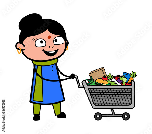 Cartoon Indian Lady with shopping cart
