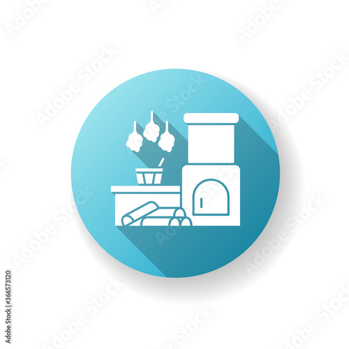 Russian banya blue flat design long shadow glyph icon. Traditional bathhouse on firewood. Sauna relaxation. National russian oven with brooms and water bucket silhouette RGB color illustration