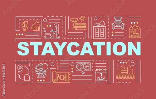 Staycation word concepts banner. Rediscovering hometown. Holistay. Infographics with linear icons on yellow background. Isolated typography. Vector outline RGB color illustration