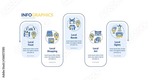 Local tourism elements vector infographic template. Sightseeing and shopping. Presentation design elements. Data visualization with 5 steps. Process timeline chart. Workflow layout with linear icons