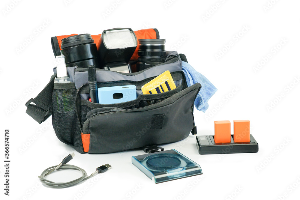 Photographer's kit, photo bag with accessories: lenses, charger, cleaning kit, filter