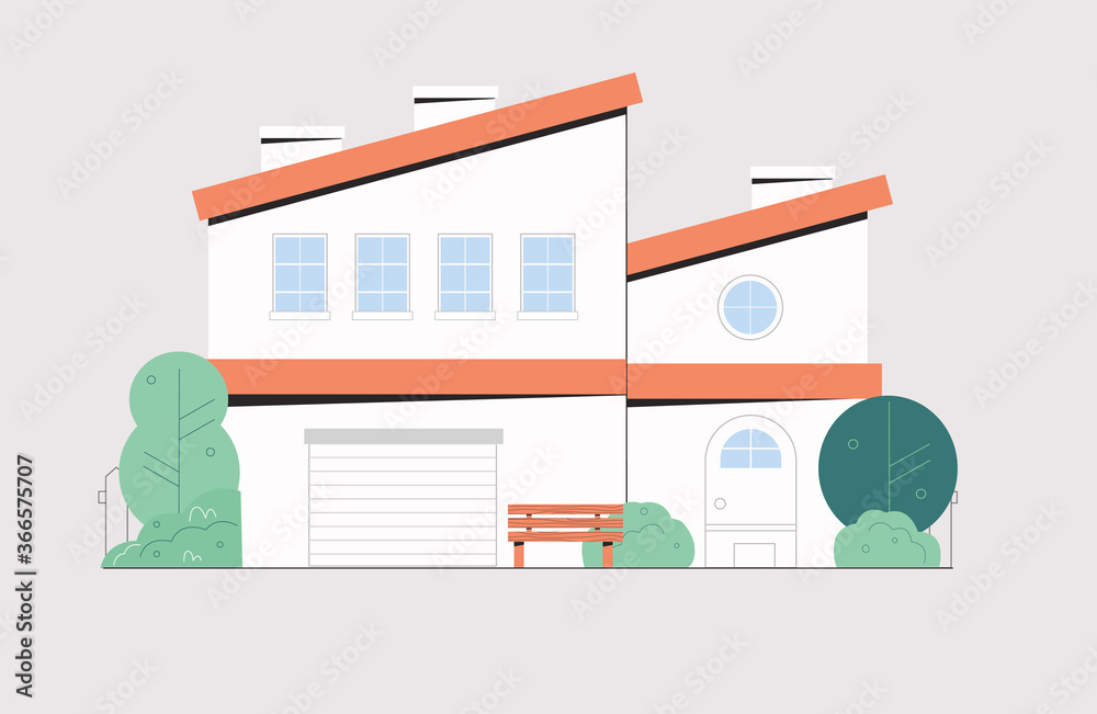 Facade of town house or cottage in modern style. Modern building with large windows isolated on white background, around green bushes and trees. Flat style vector illustration.