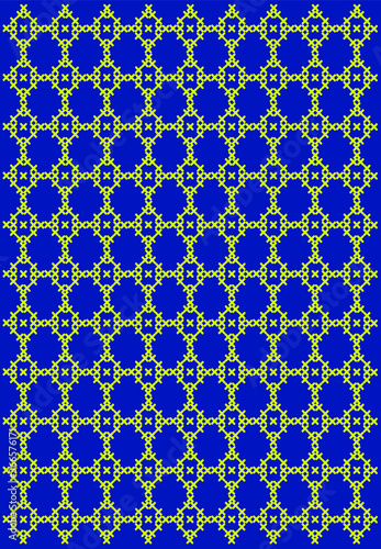 Cross stitch repetition pattern. Seamless yellow texture on blue canvas. Ornament effect. Template for design of fabrics, clothes, covers of notebooks, books 