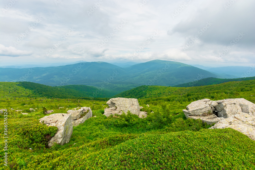 boulders on the alpine hillside. view from the edge of a hill. beautiful summer landscape in mountains. overcast windy weather  with grey clouds on the sky