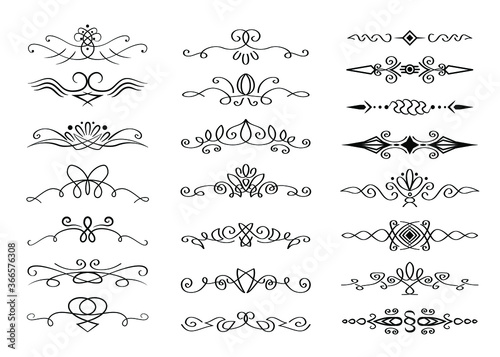 Vector calligraphic ornament set, collection of text divider, black paragraph separator, line art, outline ornate design isolated on white background