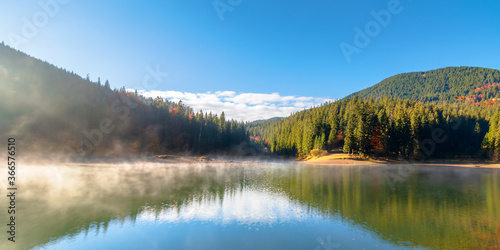 lake landscape at foggy sunrise. misty scenery reflecting in the water. wonderful autumn morning in fall season. trees in colorful foliage