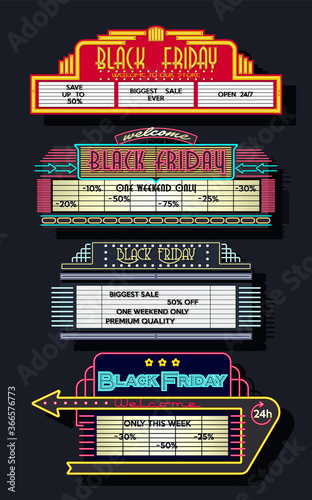 Black Friday Sale Emblems Retro Cinema Signboard Stylization