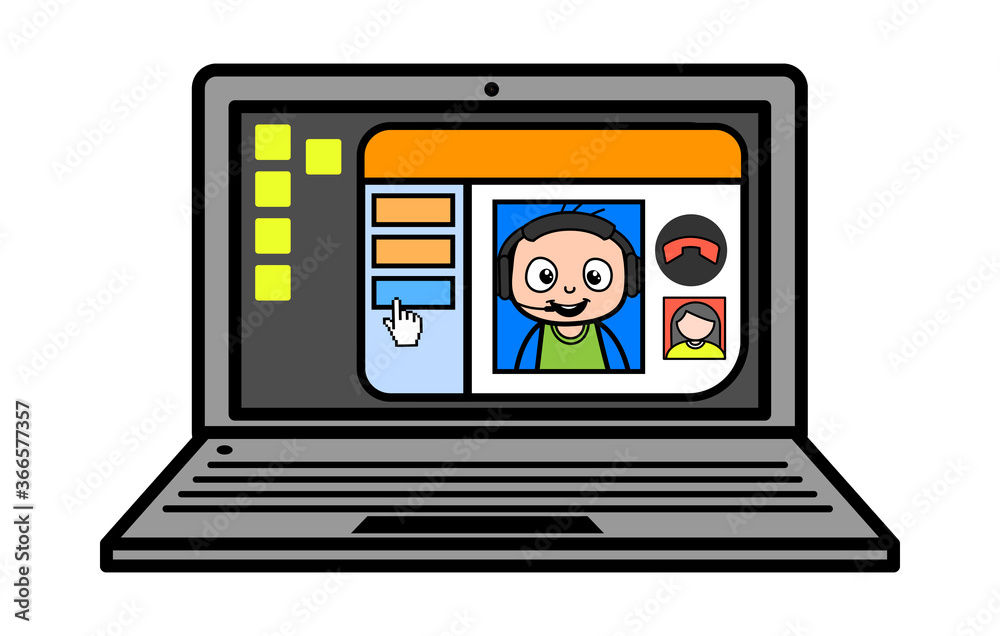 Cartoon Bald Boy Video Call on Laptop Cartoon Bald Boy Video Call on Laptop