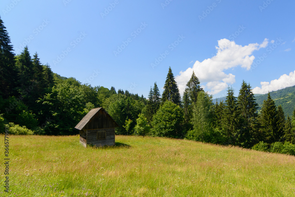 Old wooden house in mountains. Alone cabin in the mountain forest. Landscape with hause in mountains