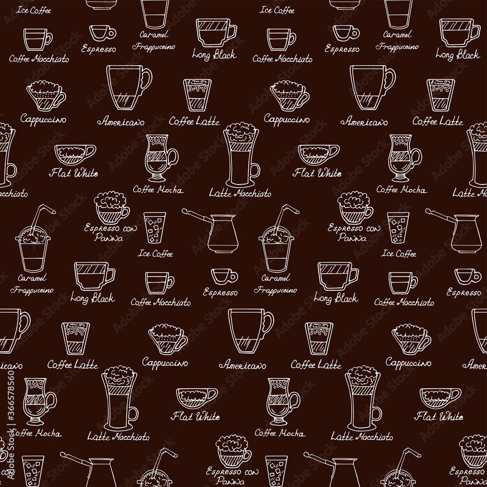 Vector doodle seamless pattern with different types of coffee: espresso, latte, macchiato, cappuccino, americano, con panna. Hand-drawn design elements. Coffee break.