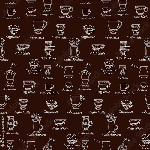 Vector doodle seamless pattern with different types of coffee: espresso, latte, macchiato, cappuccino, americano, con panna. Hand-drawn design elements. Coffee break. © KATSIARYNA