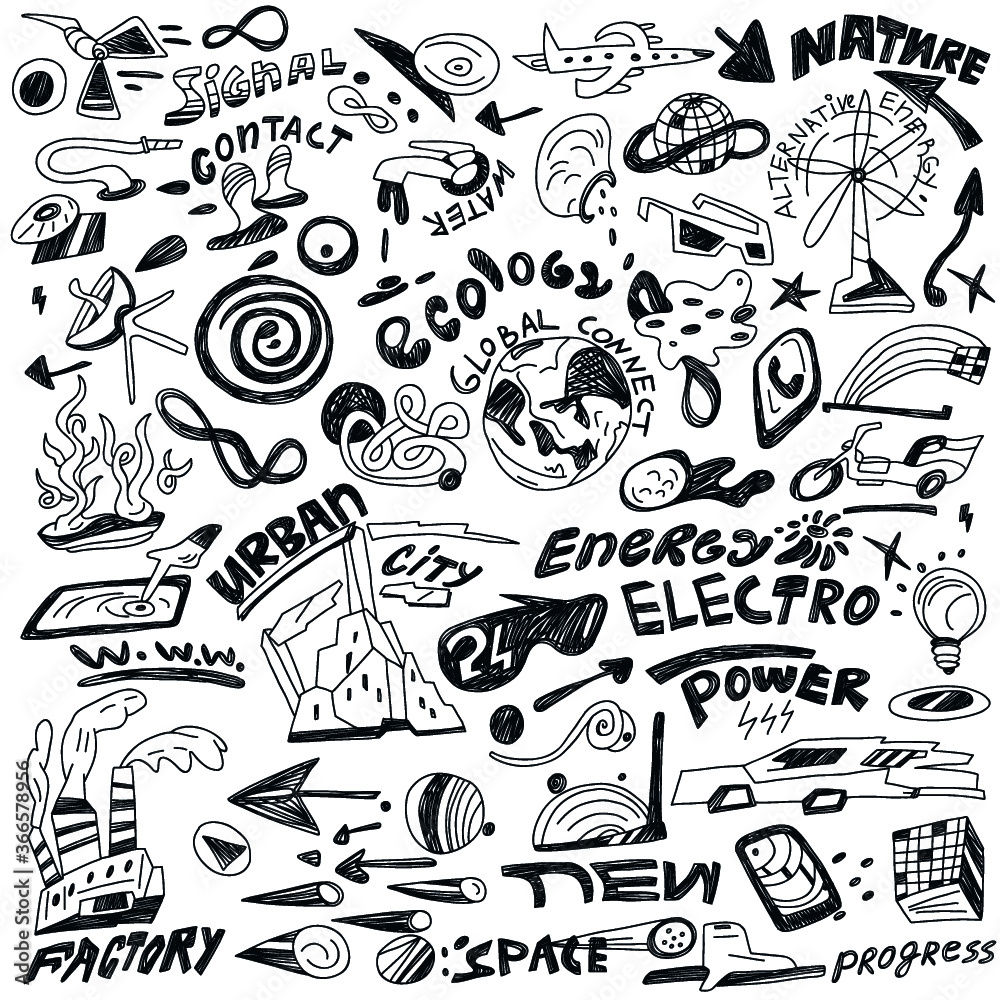 ecology , progress , energy - doodles collection