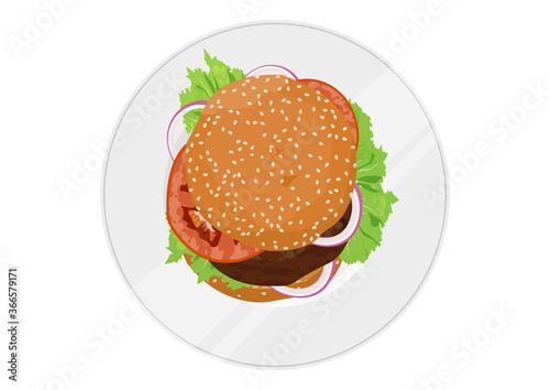 Burger with lettuce, onion, and tomatoes. Top down view. Flat vector.
