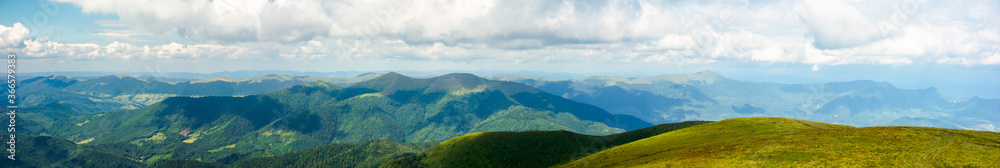 mountain panorama on a summer day. hills rolling from the valley up in to the distance. view of the carpathian watershed ridge beneath a sky with clouds