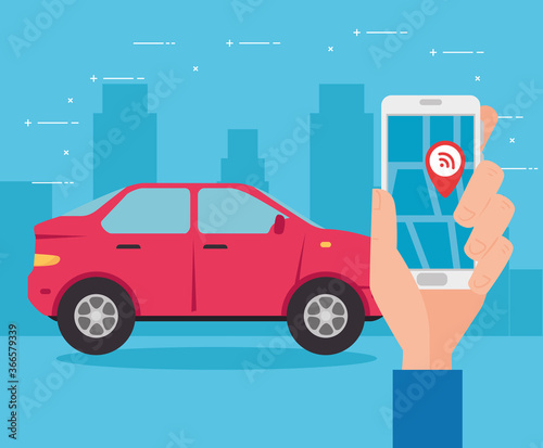 gps, car vehicle with smartphone navigation application and red pinpoint on screen