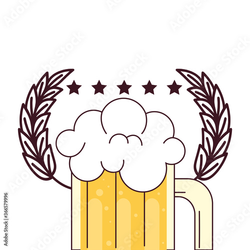 mug of beer with froth, and spike decoration on white background