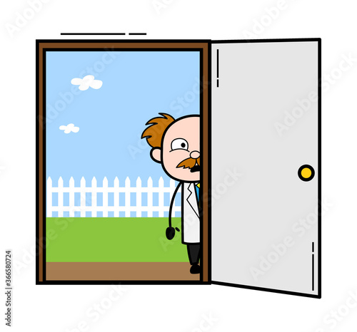 Cartoon Scientist looking from Door