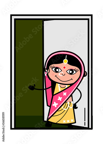 Cartoon Indian Woman Standing at door