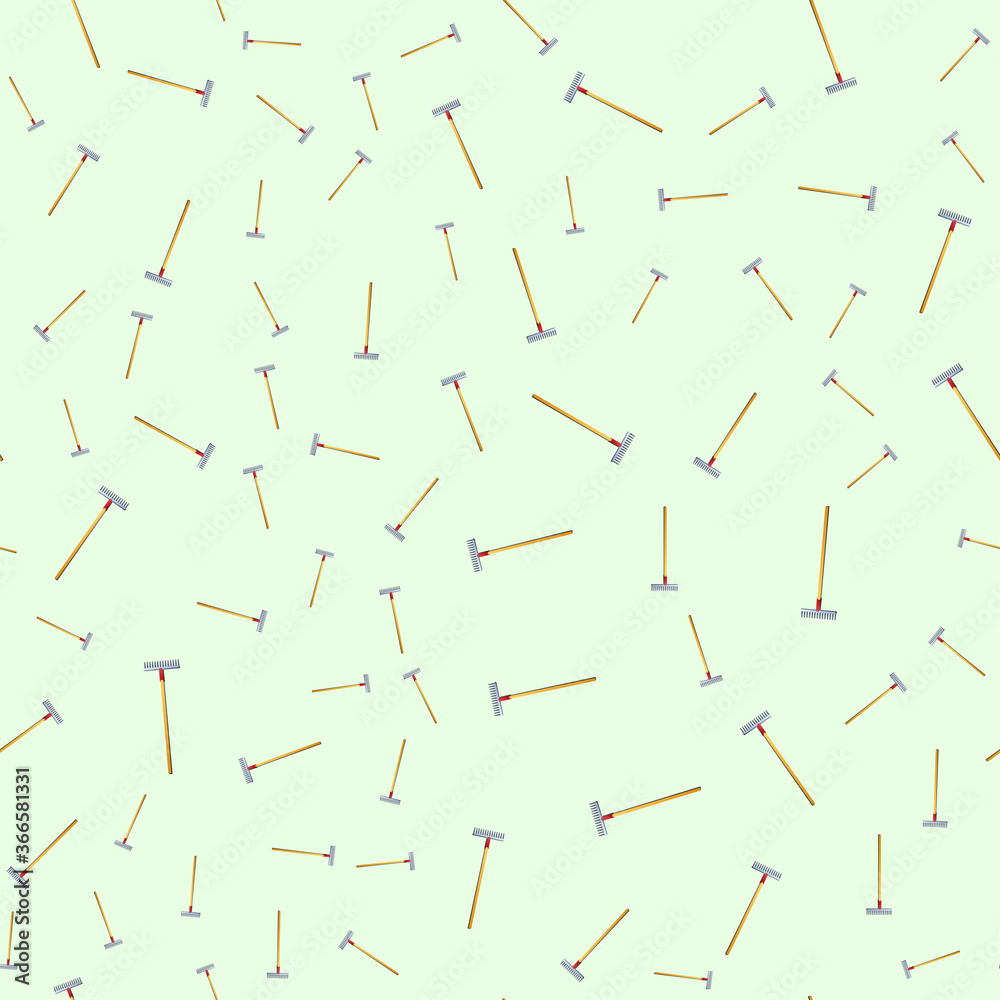 Seamless pattern of black outline garden and kailyard rakes with handles on a white background. Stylized hand drawing. Endless monochrome doodles pattern. Vector gardener tools