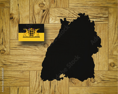 Map and flag of Baden-Württemberg, German federal state, on wooden background, 3D illustration