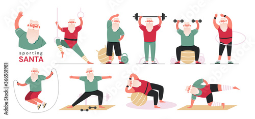 Santa Claus doing aerobic and fitness exercises in the gym, wearing red sport uniform, set of flat vector illustrations