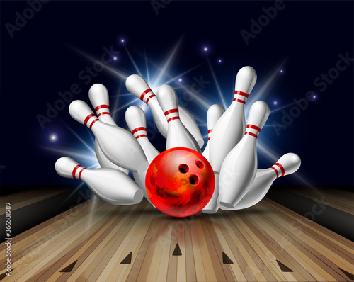 Fototapeta Red Bowling Ball crashing into the pins on bowling alley line