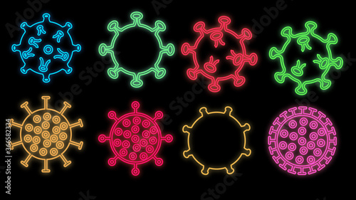 Set of bright glowing multicolored medical scientific neon signs for pharmacy hospital laboratory beautiful shiny with covid 19 coronavirus pandemic virus on black background. Vector illustration
