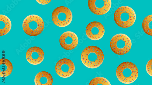 Cartoon donuts with pink glaze and colored sprinkles on white background. Seamless pattern. Texture for fabric, wrapping, wallpaper
