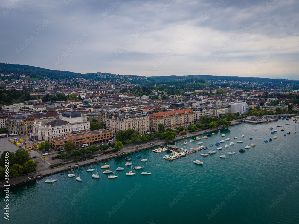 Beautiful Zurich lake in Switzerland from above - drone footage