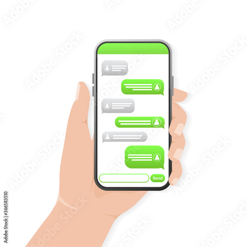 Chat screen with hand. Text message. Green chat bubble. Smartphone screen.