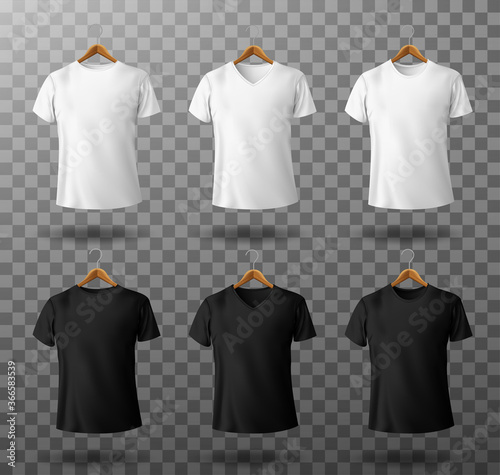 T-shirt mockup black and white male t shirt with short sleeves on wooden hangers template front view. Blank apparel design for men, sportswear, casual clothing isolated realistic 3d vector mock up