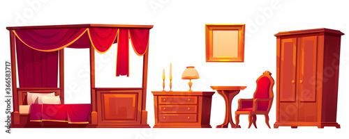 Wooden furniture for old luxury bedroom isolated on white background. Vector cartoon set of vintage canopy bed, nightstand, wardrobe, chair and mirror in golden frame