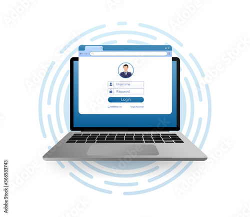 Flat illustration with blue user login laptop. Vector, flat design. Laptop vector icon illustration.