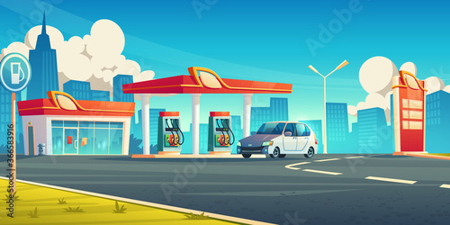 Fototapeta Naklejka Na Ścianę i Meble -  Gas station, cars refueling city service, petrol shop with building, price display and pump hoses on cityscape background, fuel selling for urban vehicles, oil refill, Cartoon vector illustration