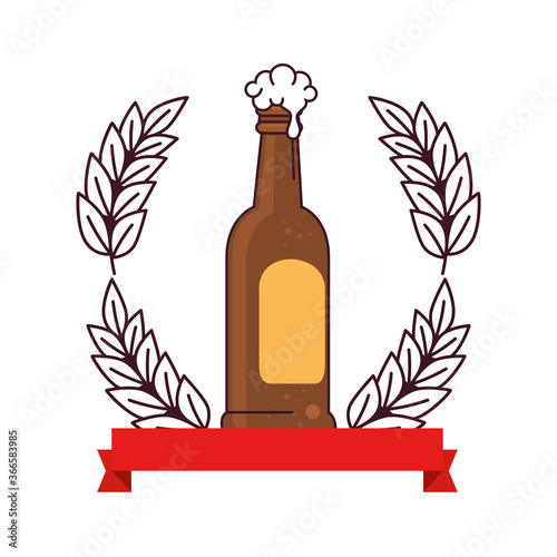 bottle of beer, with decoration of spike and ribbon on white background