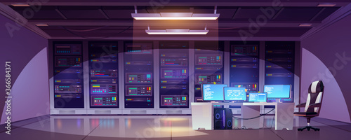 Data center room with server racks, computer monitors on desk and chair. Vector cartoon interior of information storage office with control panel, hardware for network and hosting service © klyaksun