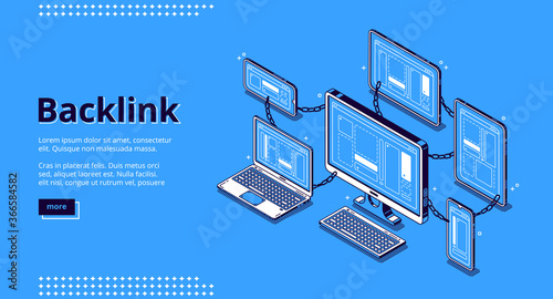 Backlink banner. Concept of building hyperlink system, cooperation of websites, seo optimization. Vector landing page of inbound connect with isometric illustration of sites chain, computer network photo