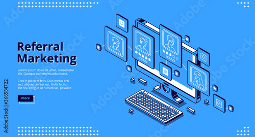 Referral marketing isometric landing page. Refer a friend loyalty program, promotion method, business strategy. People or customers connected in network on laptop screen. 3d vector line art web banner