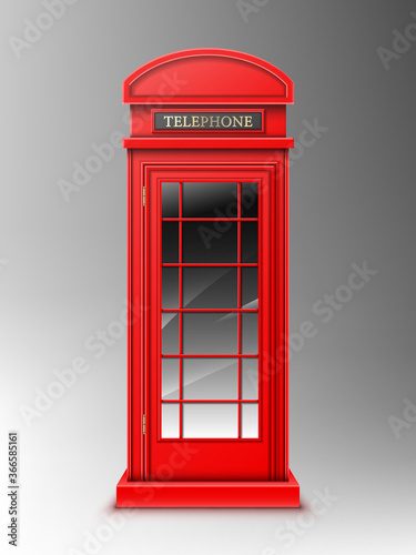 Vintage red telephone booth, classic London retro phone box. Close public English cabin for talks and communication, United Kingdom design isolated on grey background. Realistic 3d vector illustration