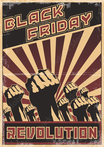 Black Friday Revolution Poster, Crowd and Shopping Retro Propaganda Poster Stylization 