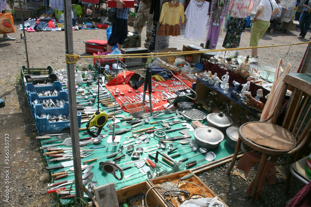 Old Glassware, Crockery, Pottery and other Second Hand Stuff in a Flea Market, Moscow, Russia