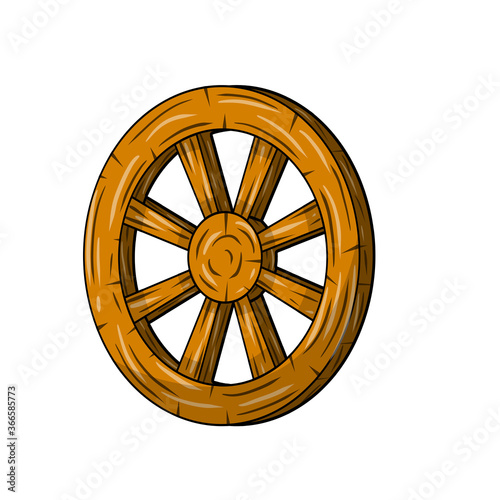 Old wooden cart wheels. Brown Detail of wagon with cracks. A village vehicle in the wild West. Hand drawn cartoon illustration