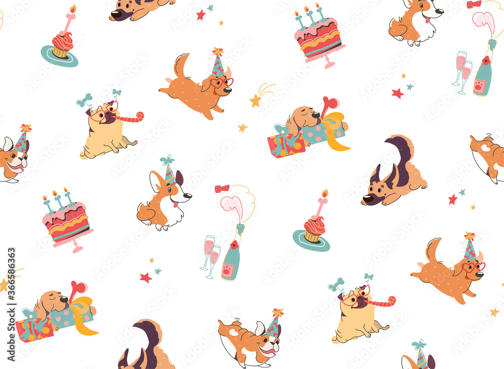 Fototapeta premium Vector background with dogs and cakes. Corgi puppies, pug, English bulldog, German shepherd, Labrador. Flat seamless texture of festive attributes for a dog party. Isolated print with cute animals