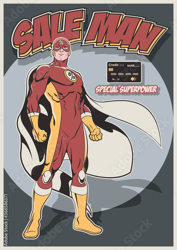 Black Friday Poster, Saleman Superhero of Profit, Comic Book Covers Stylization 