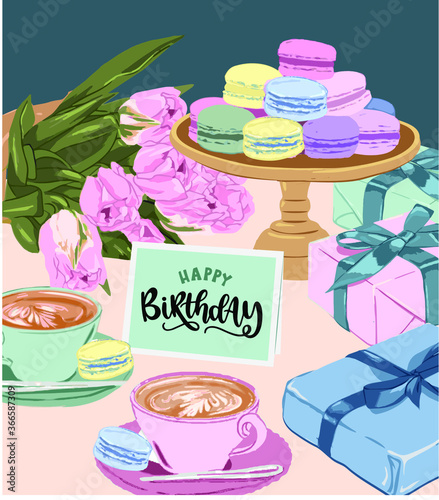 Online  birthday party.gifts and flowers for a birthday family and friends group call. birthday cake and pastries Flat Vector Illustration, set of design design for instagram stories, suitable 