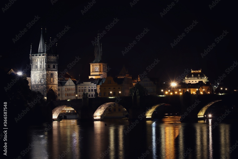 Prague cityscape at night, Czech republic