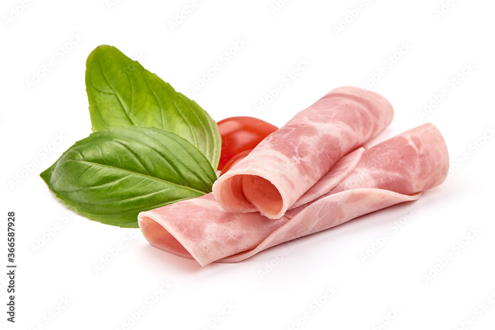 Boiled Ham Slices, close-up, isolated on a white background Boiled Ham Slices, close-up, isolated on a white background