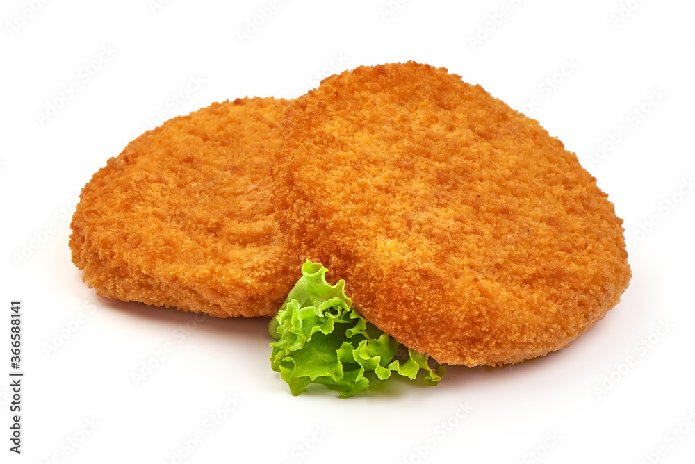 Fried Chicken Cordon bleu in breadcrumbs, isolated on a white background