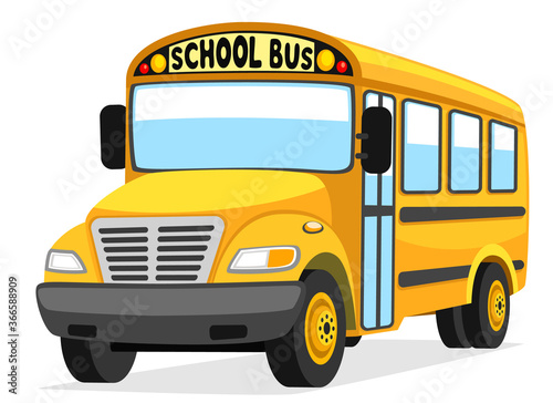 Yellow school bus close up on white background